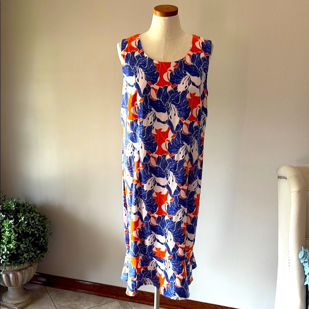 Ashro Blue Orange print Sleeveless dress ruffled hem lined zip back sheath 14